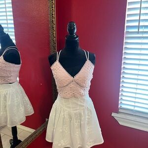 Pink Lace Crop Top and White Skirt Set